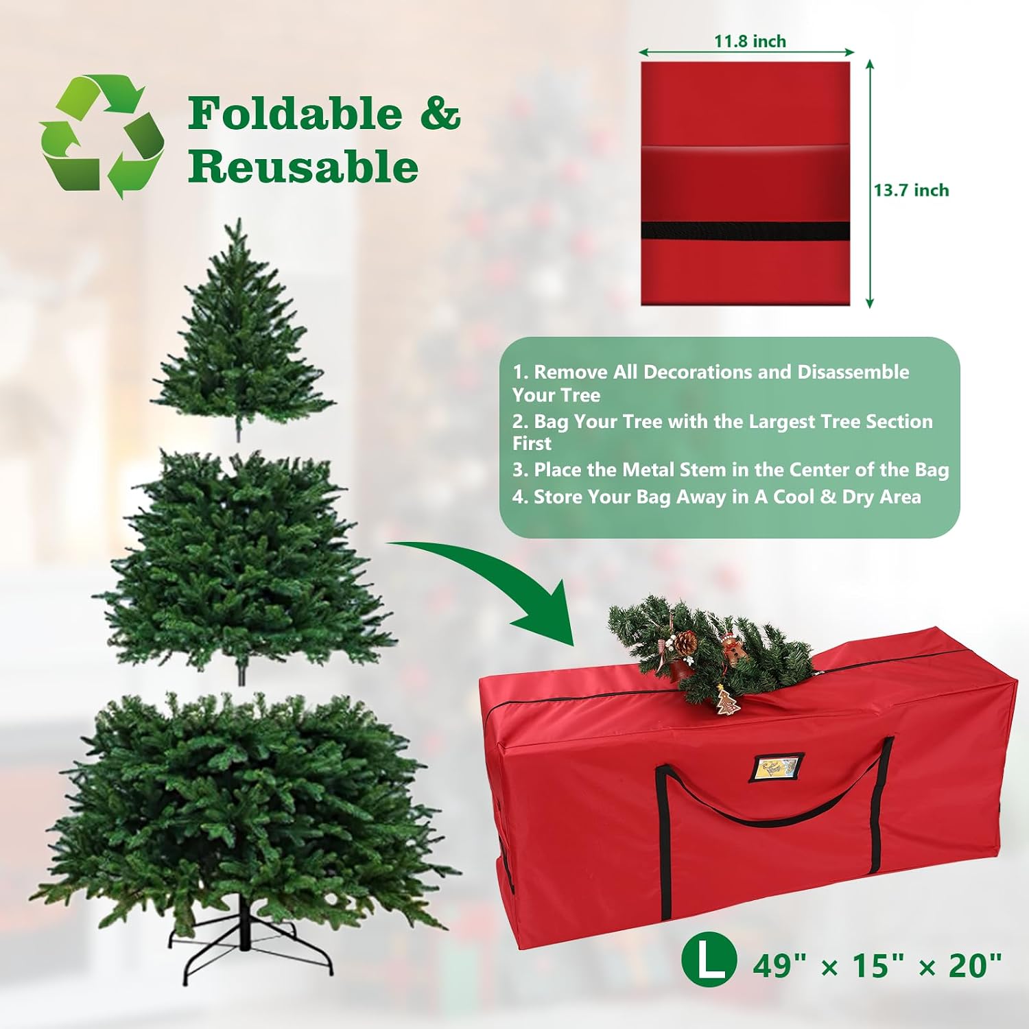 Christmas Tree Storage Bag 7.5 FT - Large Christmas Tree Storage, Heavy Duty 600D Oxford Fabric with Dual Zippers Wide Opening, Waterproof Material, Red