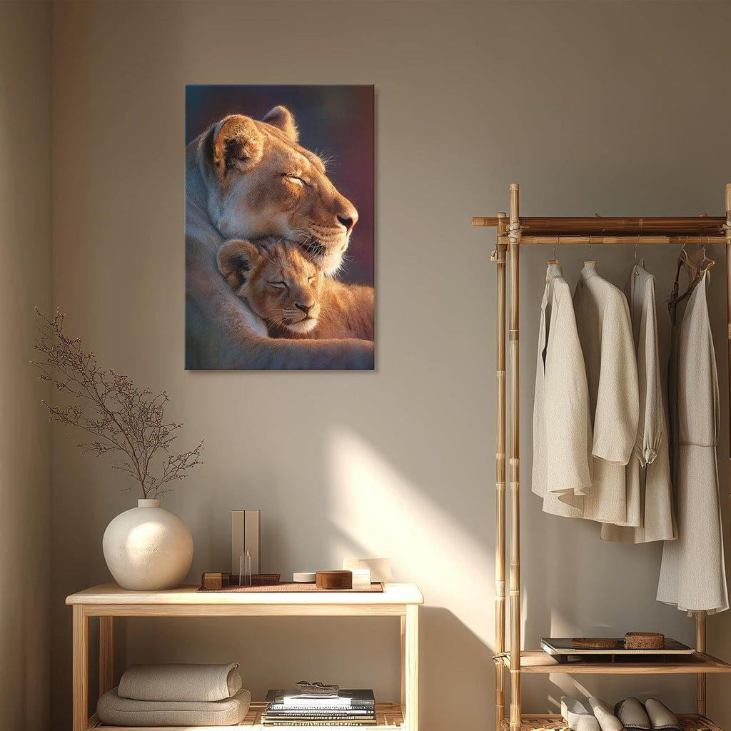 Framed Lion Wall Art African Wild Lioness and Cub Canvas Prints Sunset Safari Wildlife Animal Picture Painting Modern Artwork for Living Room Bedroom Office Home Decor 16" x 24", Mother's Day