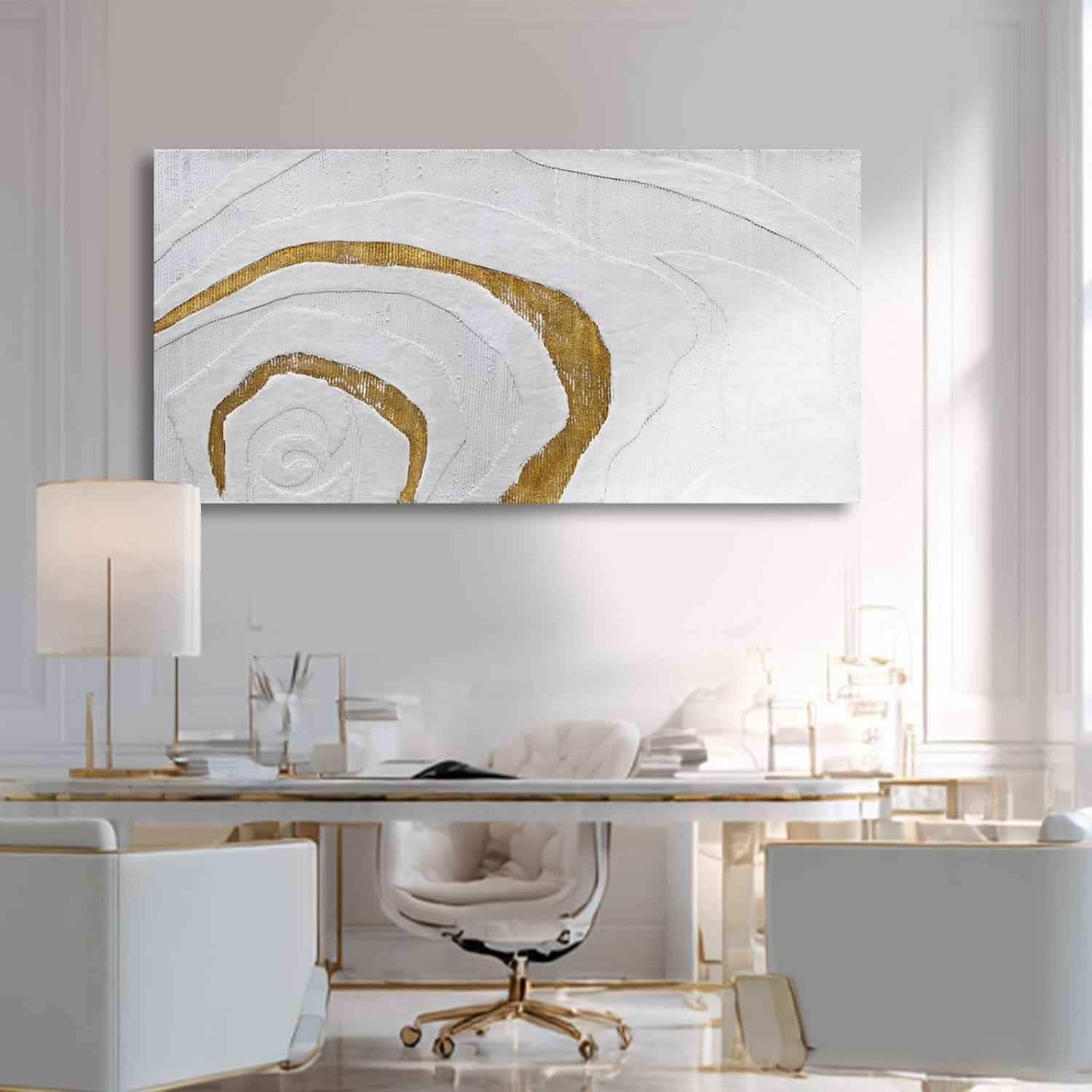 YLLTIEM White and Gold Abstract Wall Art 24x48 Inch, Hand Painted Textured Canvas Wall Art, Large Horizontal Modern Wall Decor for Living Room Bedroom Office Dining Room