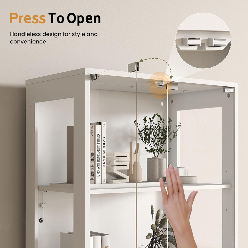 Lamtor Glass Display Cabinet with Doors - Curio Cabinet with Dynamic LED Lights for Collectibles, 67" Display Case with 4 Tier and Drawer for Figure, Toys, Books, White(Narrow)