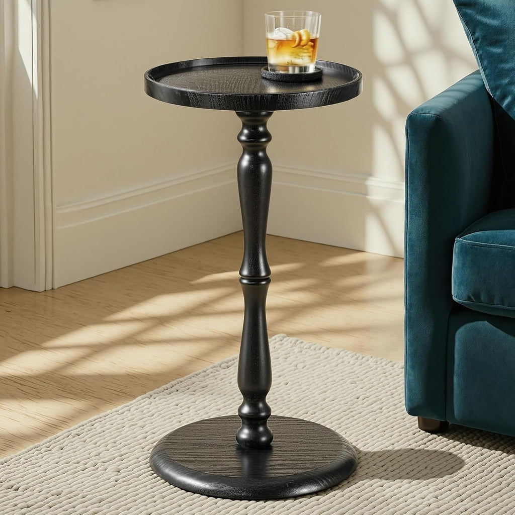 Relefree Solid Wood Small Drink Table,Round Side Table with Thickened & Widened Pedestal Base,Martini Table with Waterproof Edge,12.6" Modern Tray Top End Table for Small Spaces,Living Room,Corners
