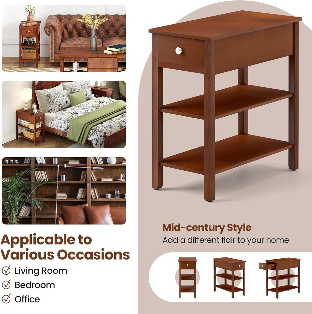 Giantex Narrow End Table, Farmhouse Side Tables with Drawer & Storage Shelves, Wood Sofa Side Tables, 3-Tier Nightstands for Small Space, Living Room, Bedroom, 23.5" L x 12" W x 24.5" H, Brown