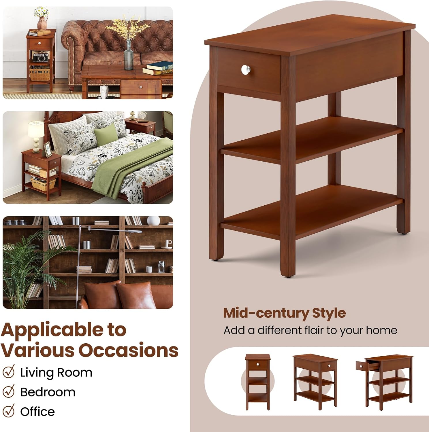 Giantex Narrow End Table, Farmhouse Side Tables with Drawer & Storage Shelves, Wood Sofa Side Tables, 3-Tier Nightstands for Small Space, Living Room, Bedroom, 23.5" L x 12" W x 24.5" H, Brown