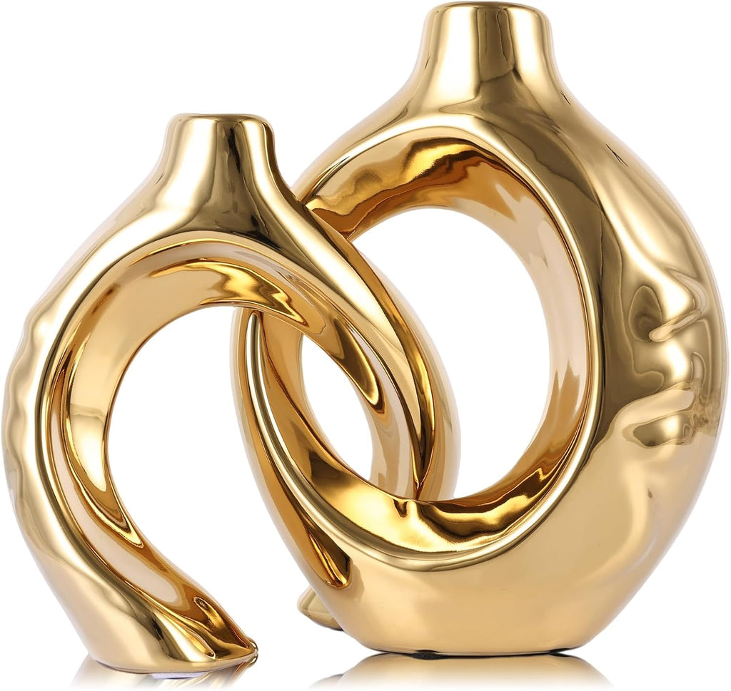 Ceramic Vase Set of 2 for Modern Home Decor,Round Boho Vase for Pampas Grass,Neutral Minimalist Statue for Dining Room Table Centerpiece Dining Room,Wedding Table Decoration (Gold1)