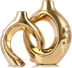 Ceramic Vase Set of 2 for Modern Home Decor,Round Boho Vase for Pampas Grass,Neutral Minimalist Statue for Dining Room Table Centerpiece Dining Room,Wedding Table Decoration (Gold1)