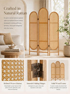3 Panel Room Dividers and Folding Privacy Screens, Wooden Room Divider with Bi-Directional Hinge, Pre-Assembled Hand-Made Rattan Privacy Dividers for Balcony, Bedroom, Hotel Decorations