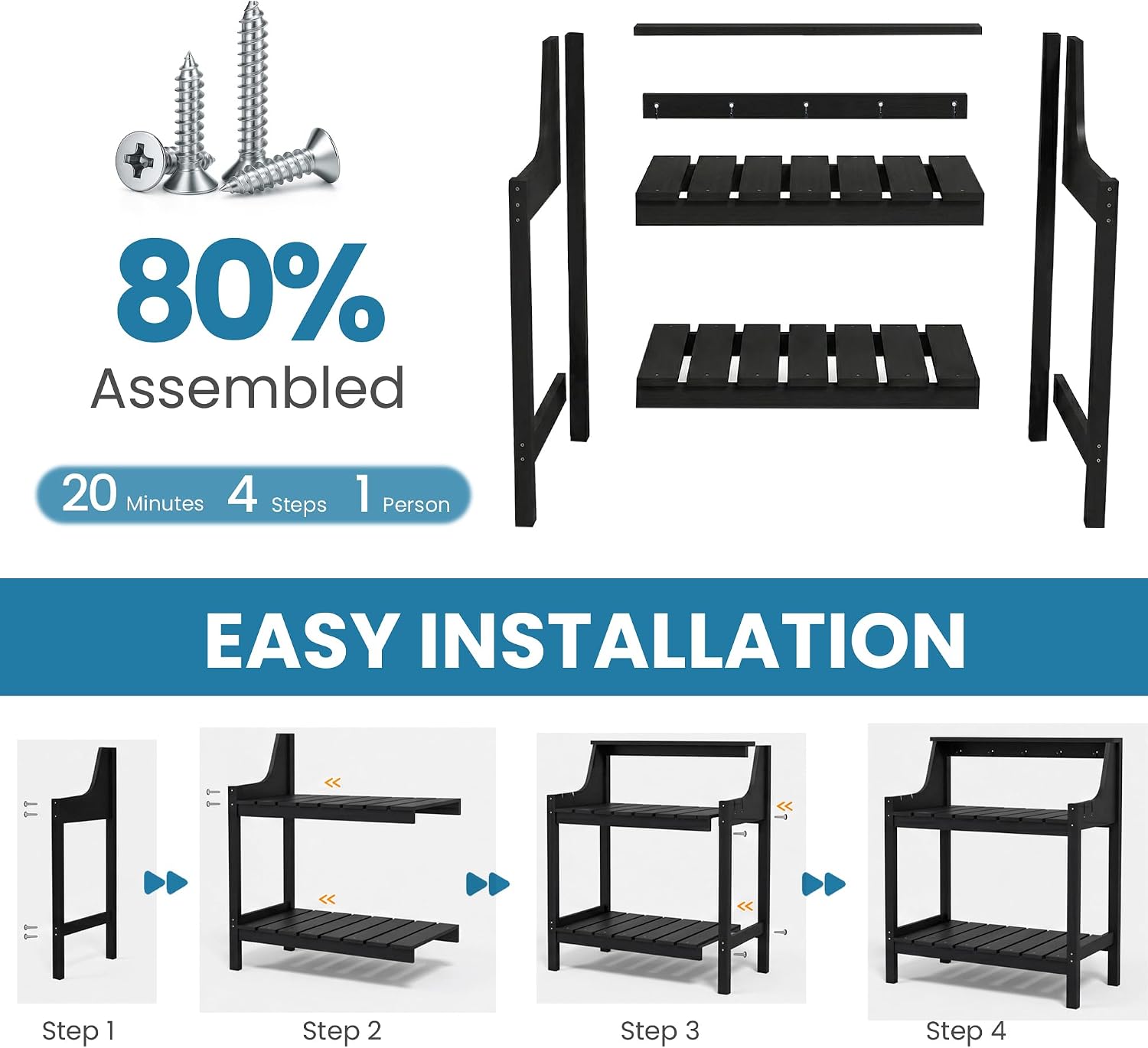 Domi Potting Benches for Outside, HDPE Garden Potting Table All Weather, Outdoor Potting Table with Storage for Patio, Backyard, Garden, Black