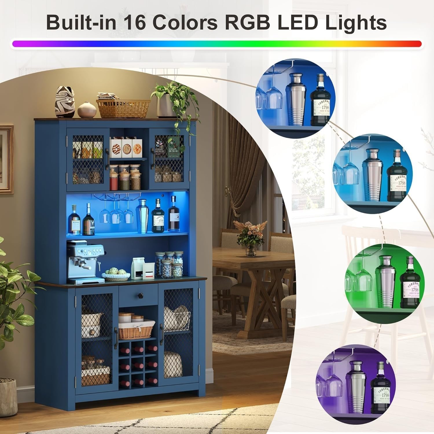 Navy Blue Kitchen Storage Cabinet, Tall Pantry with Wine Rack, Coffee Bar & Adjustable Shelves