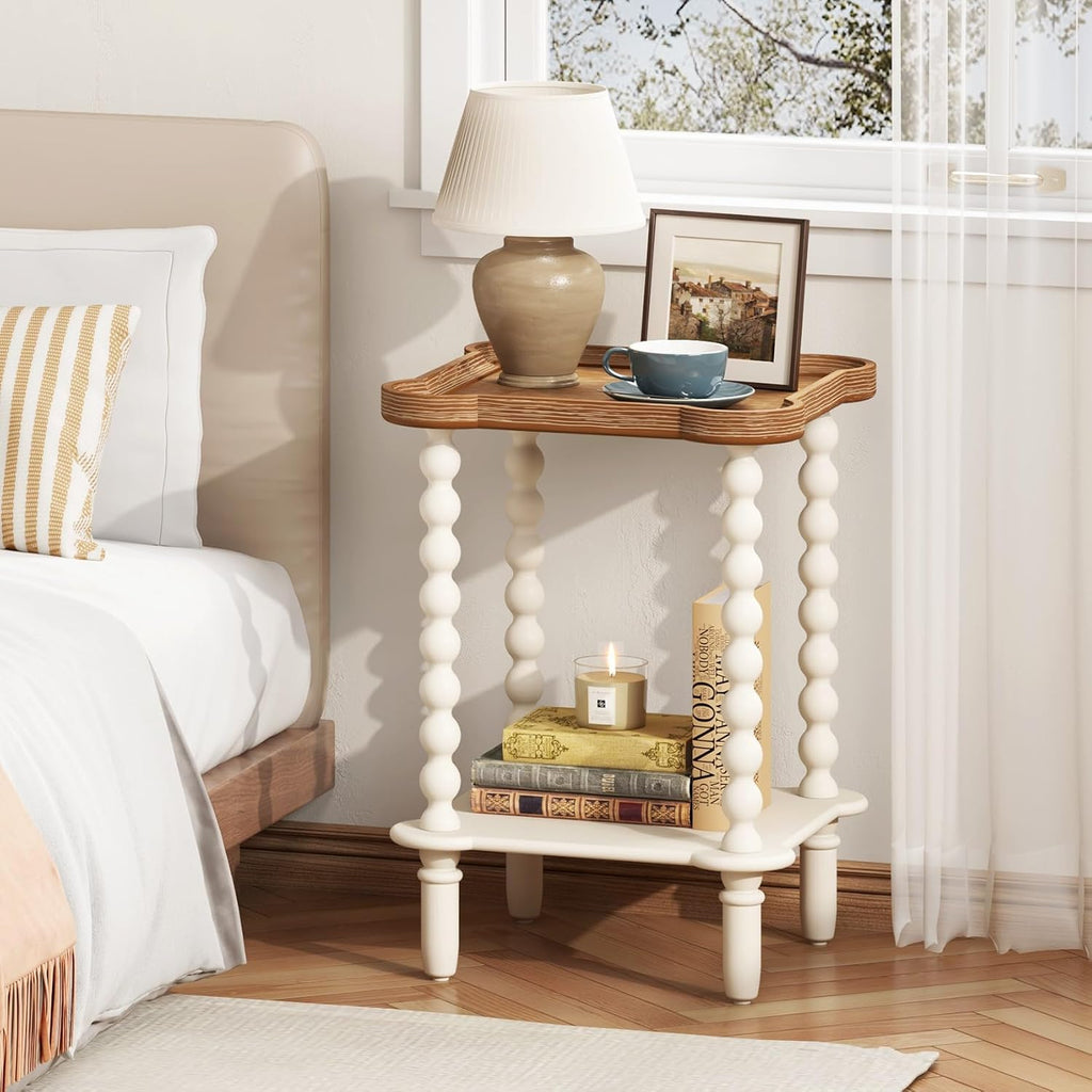 Function Home Square Side Table, 2 Tier Farmhouse End Table with Open Shelf, 17.7" French Country Nightstand for Living Room Bedroom Small Space, Handcraft Natural Tray Top & Vintage White Spindle Leg