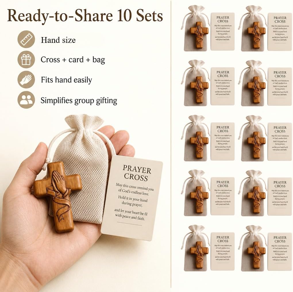 Usyios 10 Pack Prayer Cross Set, Acrylic Worry Crosses with Cards and Mesh Bags, Comfort for Stress and Anxiety Relief, Pocket Gift