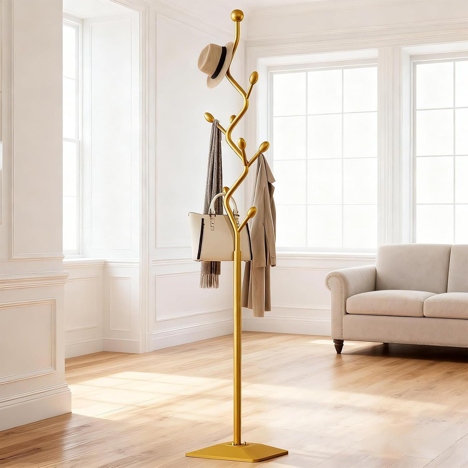 Gold coat rack,Coat Tree Freestanding heavy duty with 8 Hooks and Sturdy Metal Base for Coat Hats Purses,Tree-shaped Coat Stand for Entryway,Bedroom