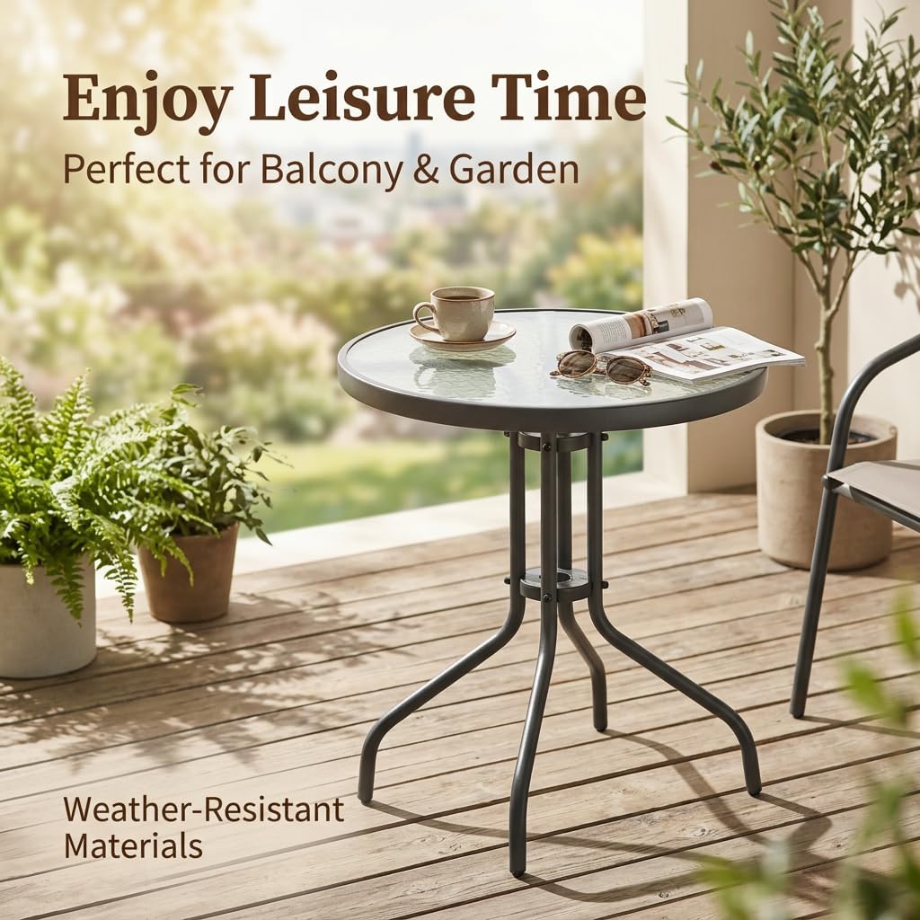 Outdoor Round Glass Small Patio Table, Tempered Glass Top with Rust-Resistant Metal Frame, Small Bistro Coffee Table for Balcony, Garden, Patio