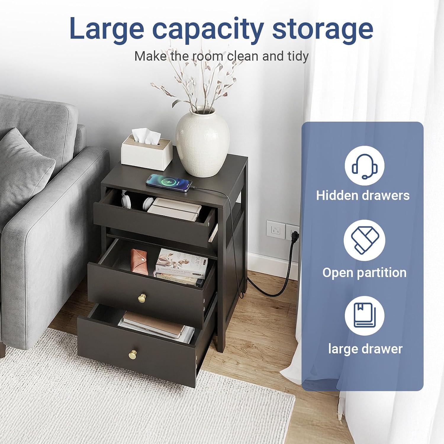 SoBuy Black Nightstand with Charging Station | Bedside Table with 2 Drawers, USB & Type-C Ports, Storage Side Table for Bedroom, Dorm Room, Black, FBT173-SCH