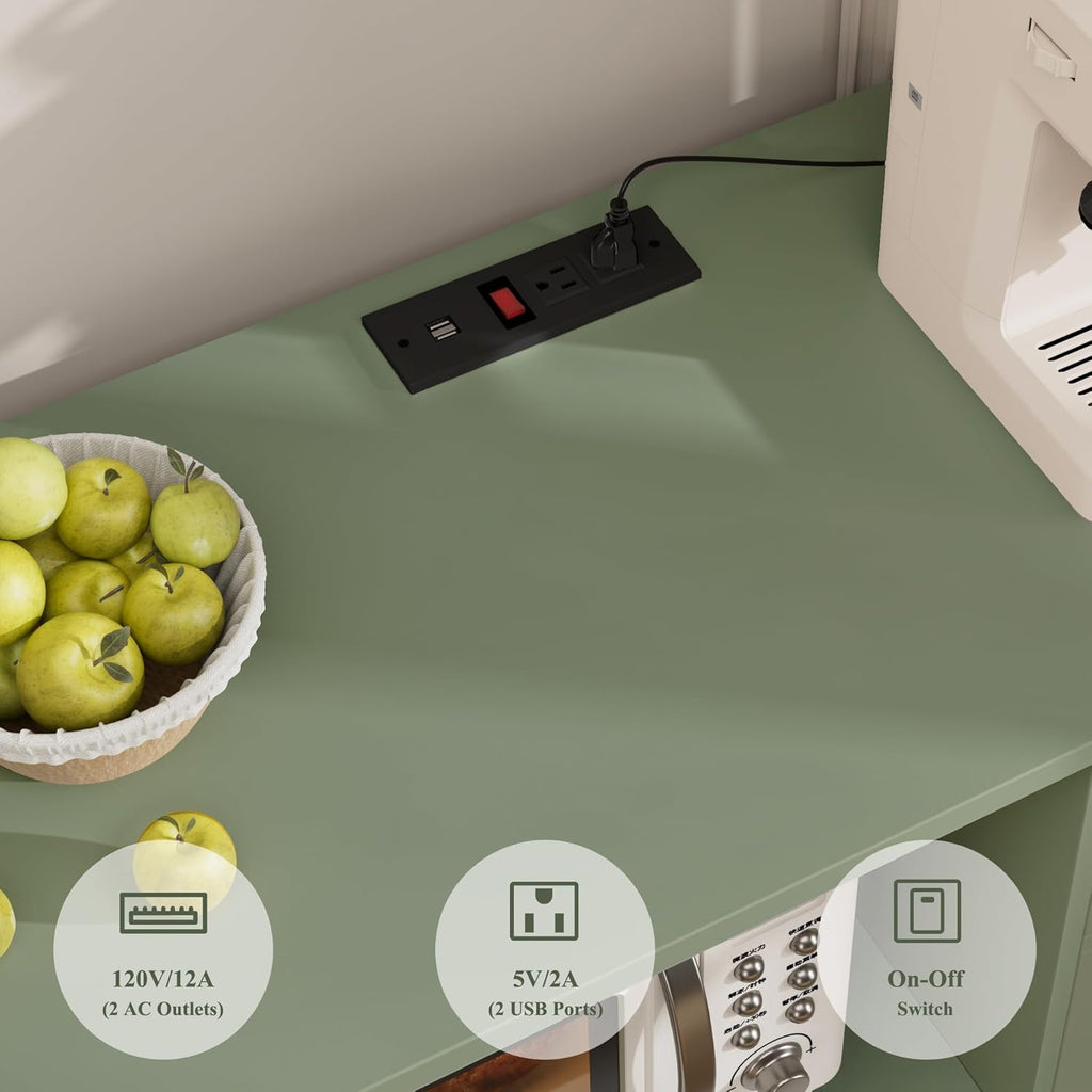 HOSTACK Microwave Cabinet with Charging Station, 47" W Kitchen Storage Cabinet with Microwave Stand, Farmhouse Buffet Sideboard with Drawers and Shelves for Kitchen, Dining Room, Green