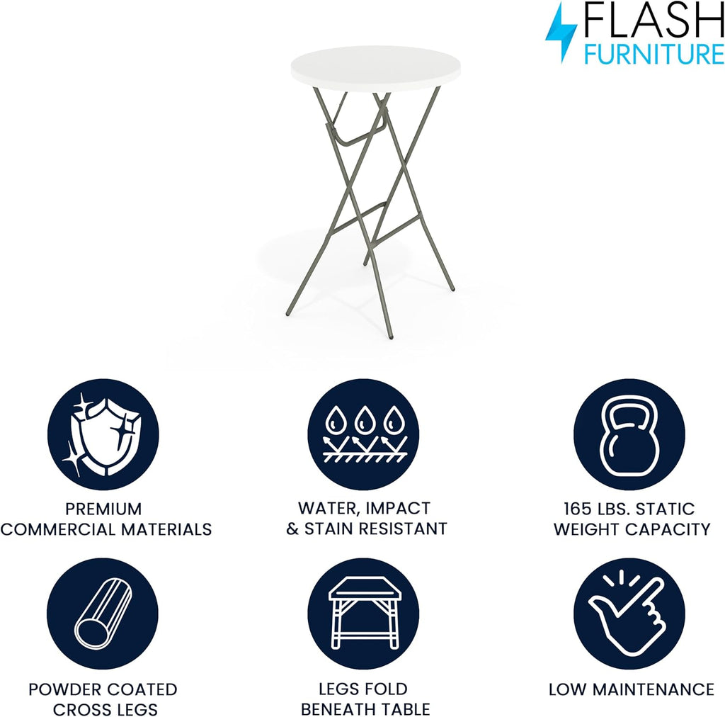 Flash Furniture Elon 32' Round Folding Bar Height Table for Parties and Commercial Events, Indoor/Outdoor Plastic Tall Round Table, White