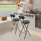 2PCS Folding Bar Stool with Backrest, Leather Padded Counter Height Foldable Stool, Portable Folding Stool Tall Bar Stools for Outdoor Camping Kitchen Shop (Black)