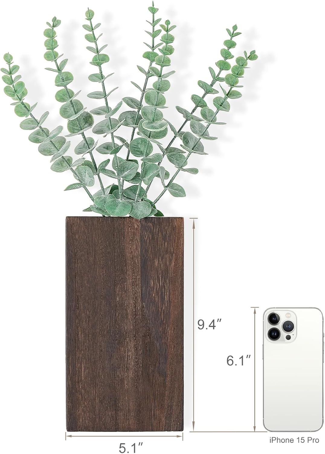Dahey 2 Pack Wood Wall Planter Vase with Artificial Eucalyptus Farmhouse Wall Hanging Decor Pocket Planter for Indoor Fake Plants Greenery, Living Room Bedroom Kitchen Home Office Decoration