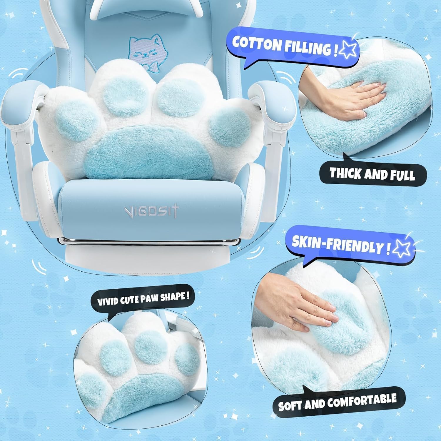 Ergonomic Kawaii Desk Chair with Cat Paw Lumbar Cushion and Cat Ears, Cute Pink Computer Chair with Footrest, PC Video Anime Gaming Chairs Recliner for Kids, Girls, Teens (Blue, Cat Chair)