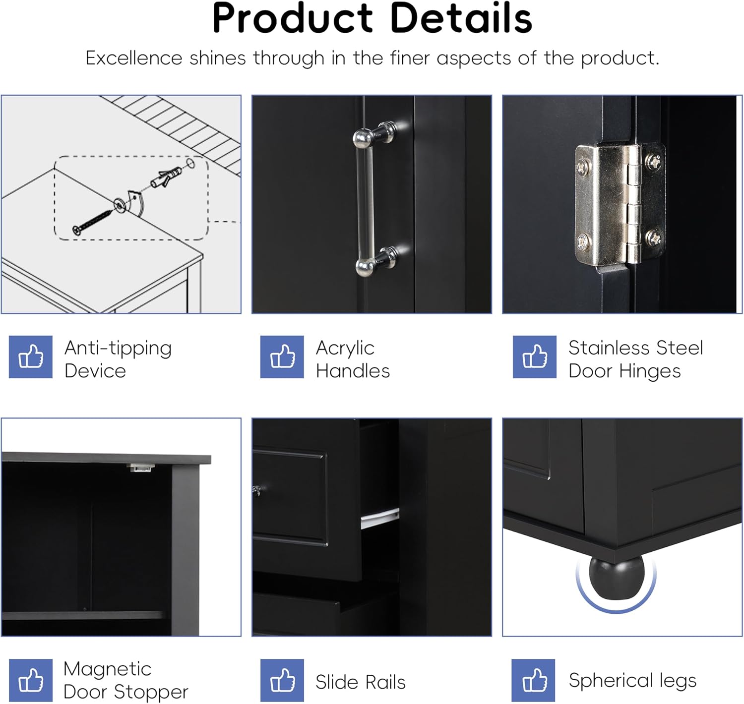 Merax 61.4" Pantry Cabinet with One Door & Two Drawers, Adjustable Shelves Storage Cupboard for Kitchen/Dining Room/Bathroom, Soild Wood Legs, Black