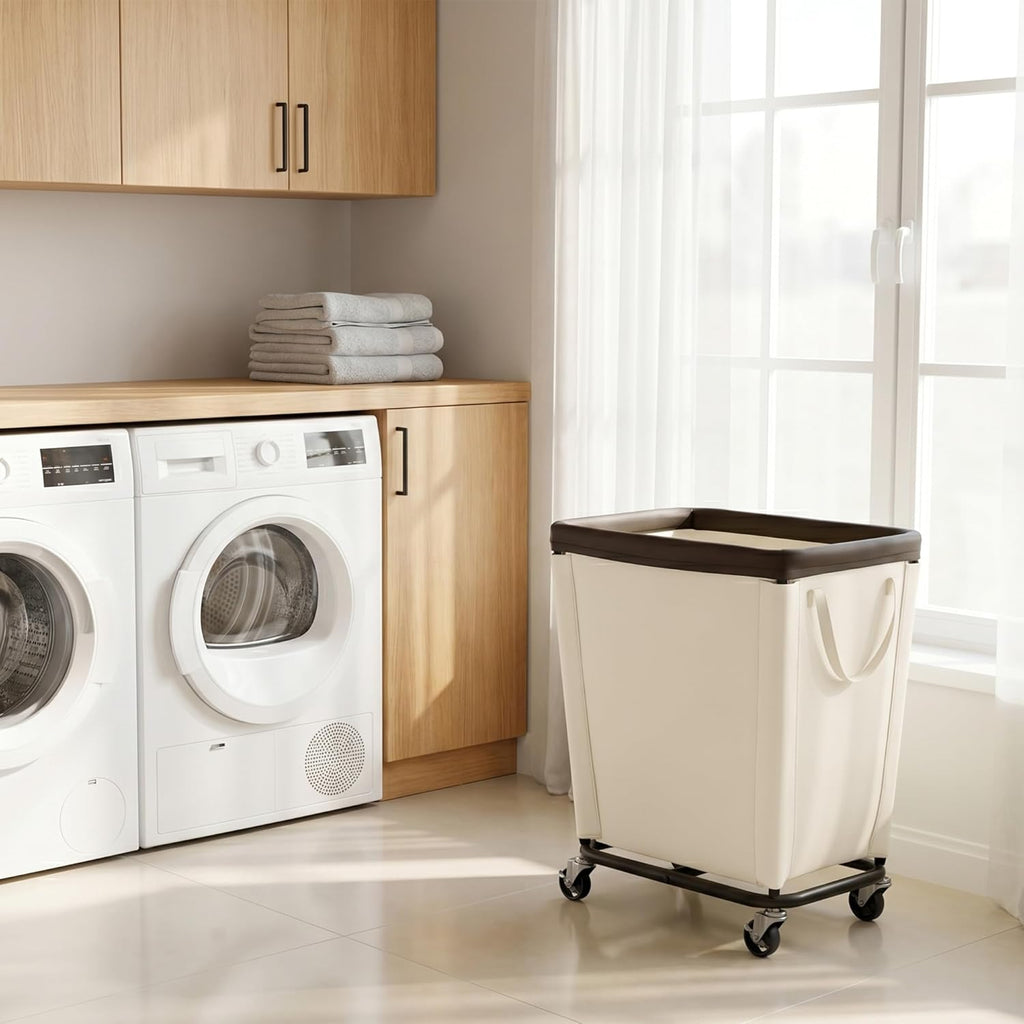 StorageWorks Basic Laundry Hamper with Wheels, 210L Large Rolling Laundry Basket, Heavy Duty Dirty Clothes Hamper for Home and Laundry Room, Beige