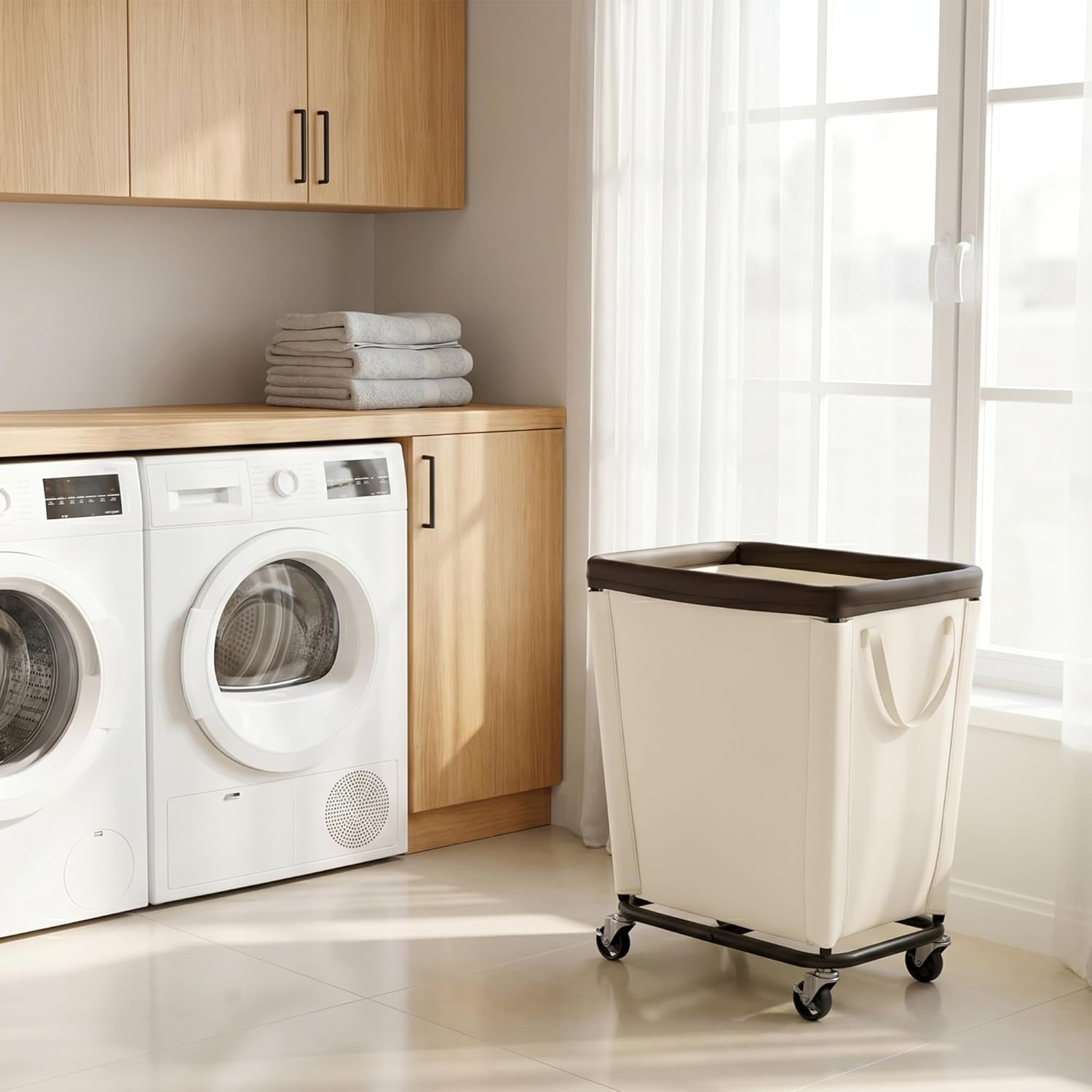 StorageWorks Basic Laundry Hamper with Wheels, 210L Large Rolling Laundry Basket, Heavy Duty Dirty Clothes Hamper for Home and Laundry Room, Beige