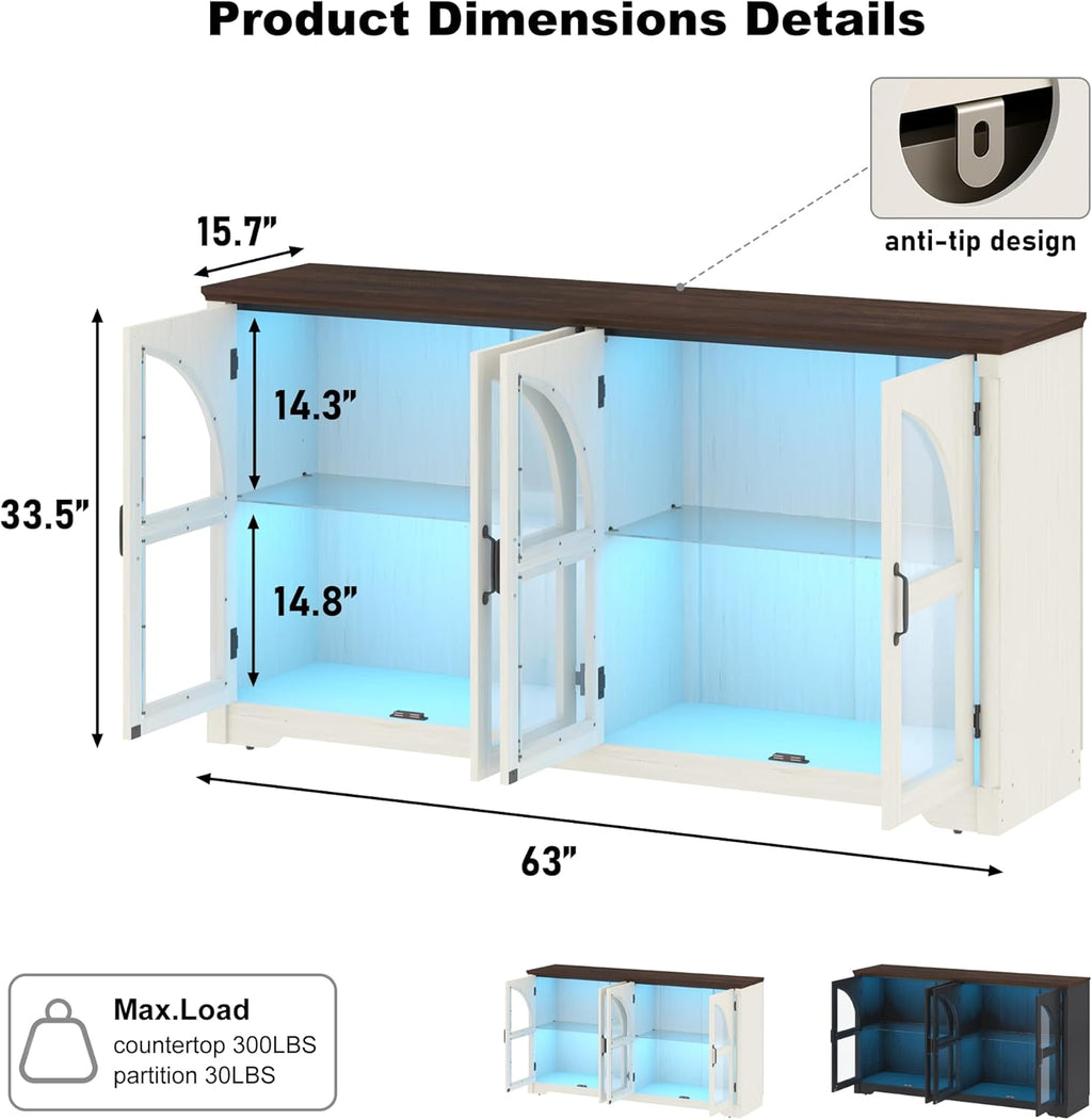 63 Inch Sideboard Buffet Cabinet,Modern Arched Buffet with Led Lights and Glass Doors,Kitchen Buffet Cabinet with Storage Large Curved Cabinets w/Adjustable Shelves for Living Room,Kitchen,White