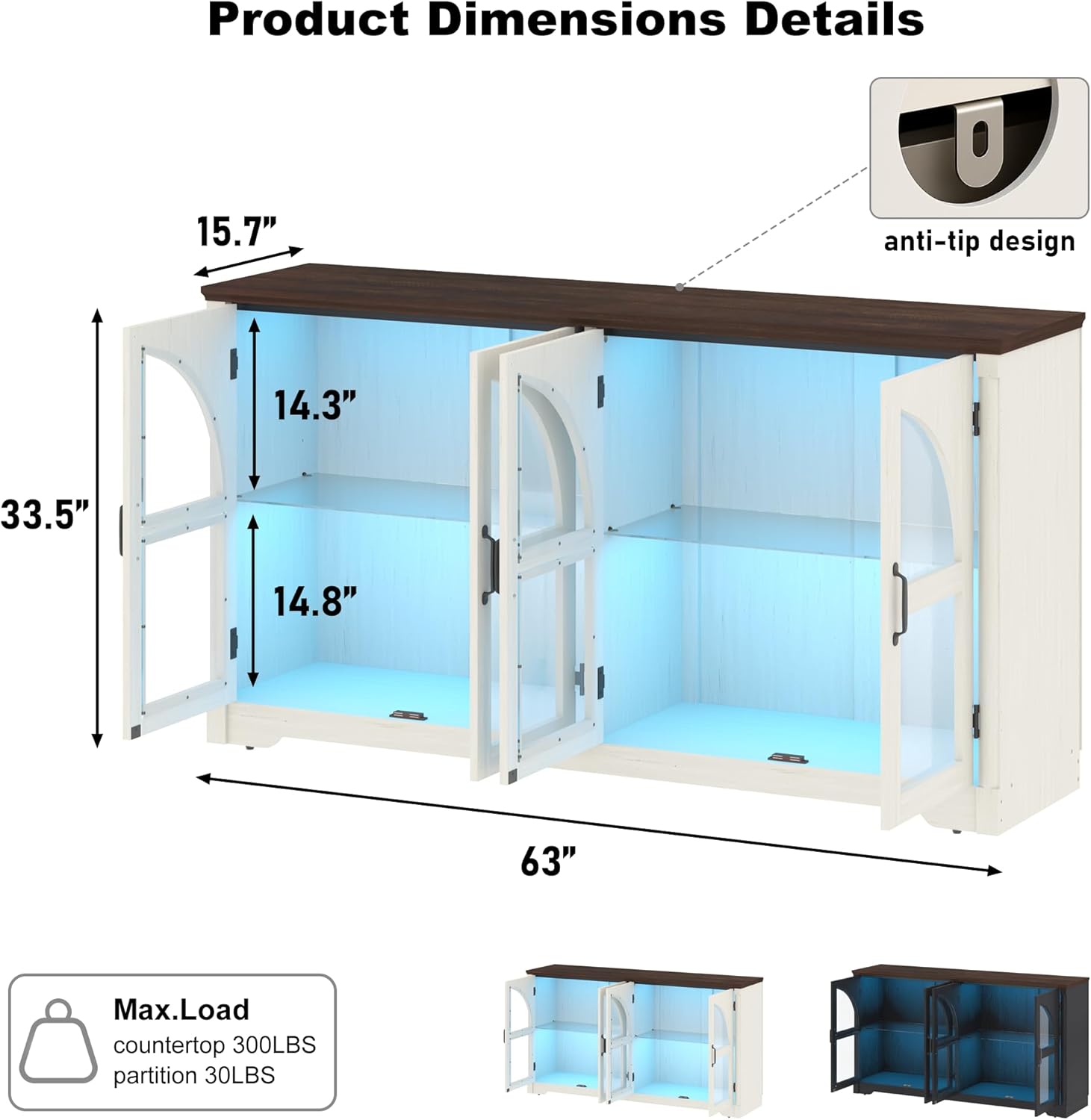 63 Inch Sideboard Buffet Cabinet,Modern Arched Buffet with Led Lights and Glass Doors,Kitchen Buffet Cabinet with Storage Large Curved Cabinets w/Adjustable Shelves for Living Room,Kitchen,White