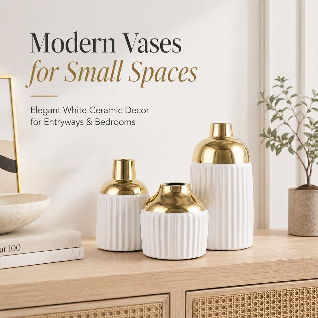 Ceramic Textured Vases Set of 3, Round White and Gold Two-Tone Flower Vase for Pampas Grass Decorative, Modern Gold Small Vase for Kitchen Counter Shelving Fireplace Mantel Table Centerpiece