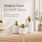 Ceramic Textured Vases Set of 3, Round White and Gold Two-Tone Flower Vase for Pampas Grass Decorative, Modern Gold Small Vase for Kitchen Counter Shelving Fireplace Mantel Table Centerpiece