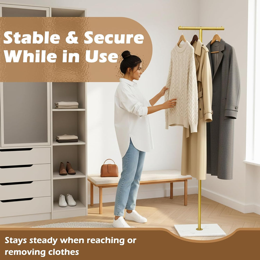 T-shaped Coat Rack Freestanding with Marble Base, 72" H Clothes Display Rack, Heavy-duty Clothes Rack, Modern Metal Coat Hanging Rack for Boutique, Hallway, Entryway, White