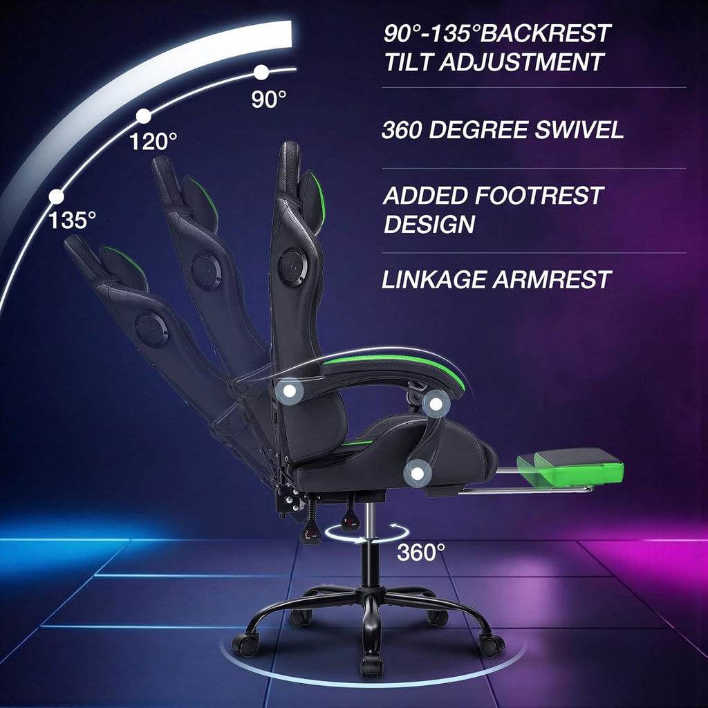 HOFFREE RGB Gaming Chair with Speakers Massage Computer Gaming Chair with LED Lights and Footrest High Back Video Game Chair for Adults Green and Black