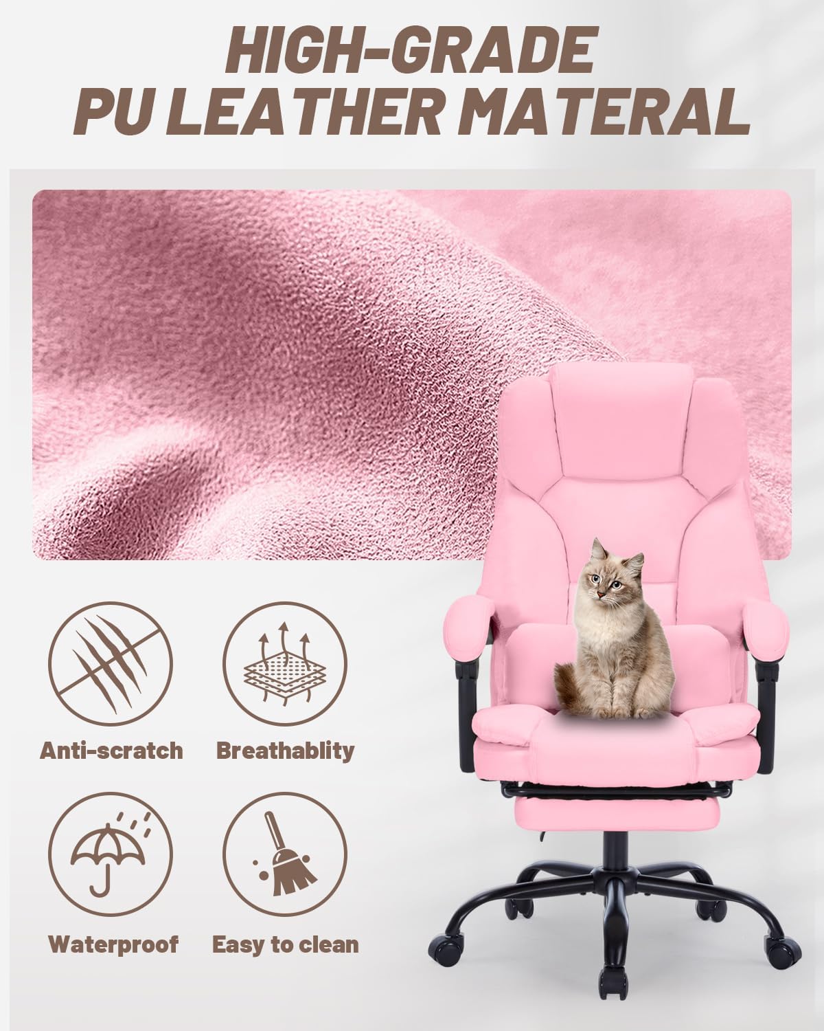 600lbs Office Chair with Footrest, Executive Chair with Padded Armrests, Reclining Desk Chair with Lumbar Support, High Back Leather Chair for Heavy People (Pink)
