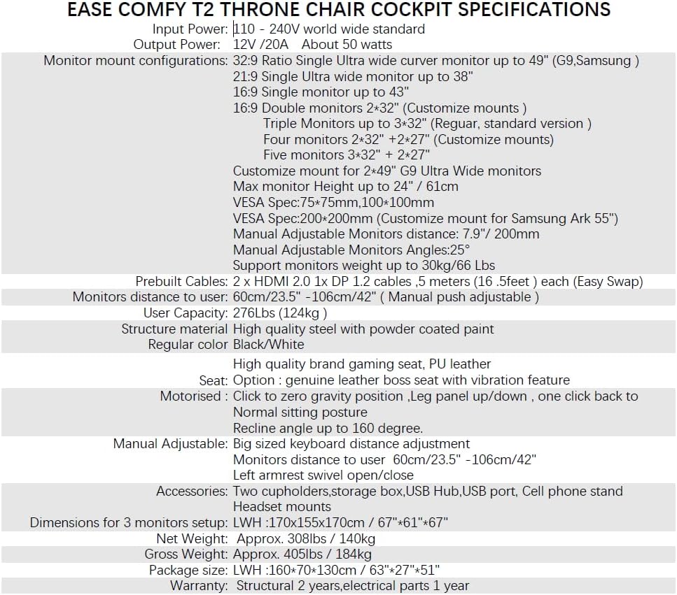 Imperatorworks EASECOMFY T2 Throne Computer Cockpit for 3 Monitors, Zero Gravity Chair Workstation,can Extend for 5 Monitors Support ultrawide 1 * 49" Option with Massage Function