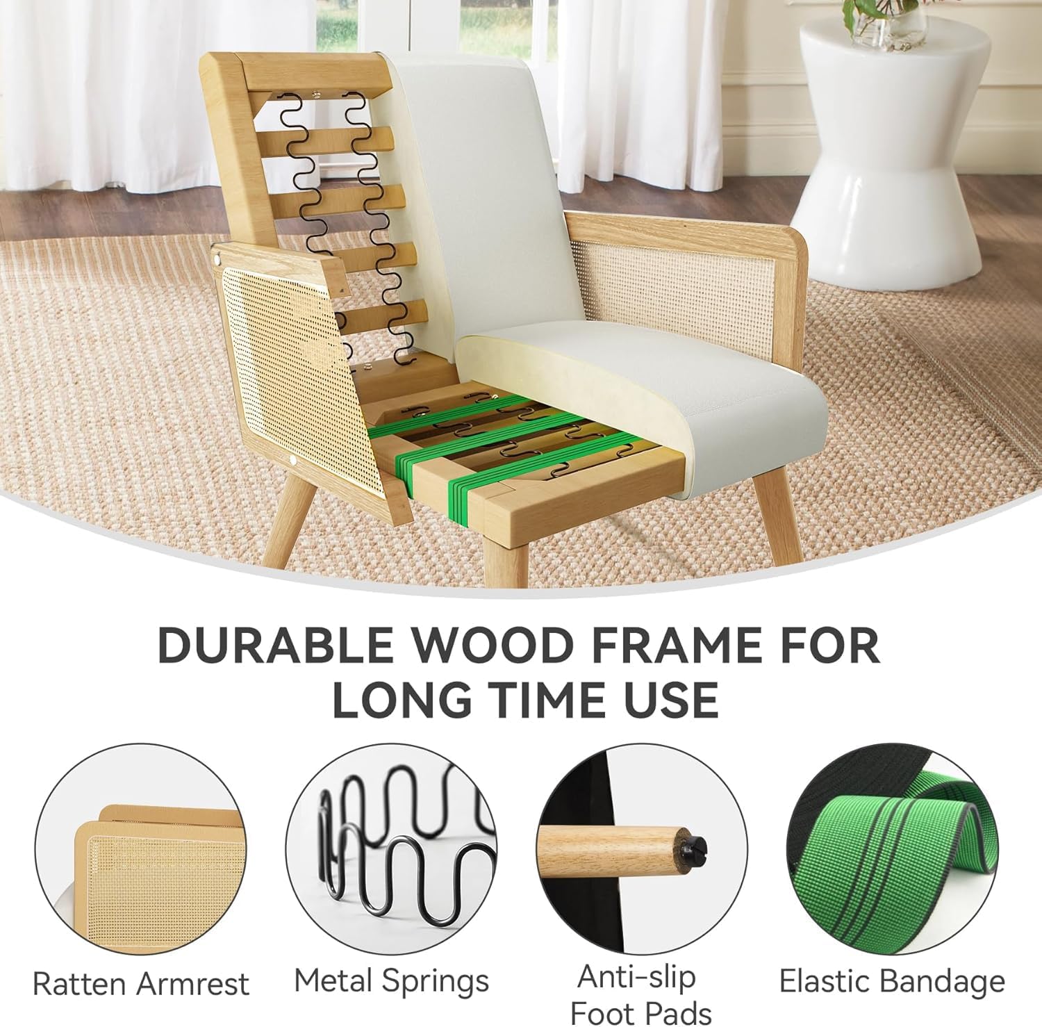 Nebuaegis Accent Chair with Rattan Arms, Living Room Chairs with Wood Legs, Modern Armchair for Bedroom, Lounge Chair Indoor for Reading Room Kitchen Beige
