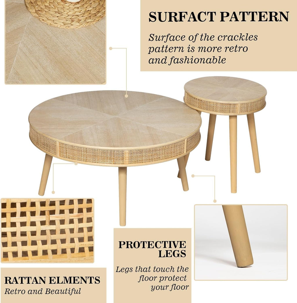 Wnutrees Farmhouse Round Coffee Table, Rustic Sofa Side Tea Tables Nesting Center Table Set with Handmade Rattan for Living Room, French Country Decor, Natural, 2Pack
