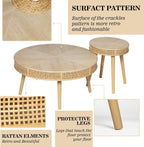 Wnutrees Farmhouse Round Coffee Table, Rustic Sofa Side Tea Tables Nesting Center Table Set with Handmade Rattan for Living Room, French Country Decor, Natural, 2Pack