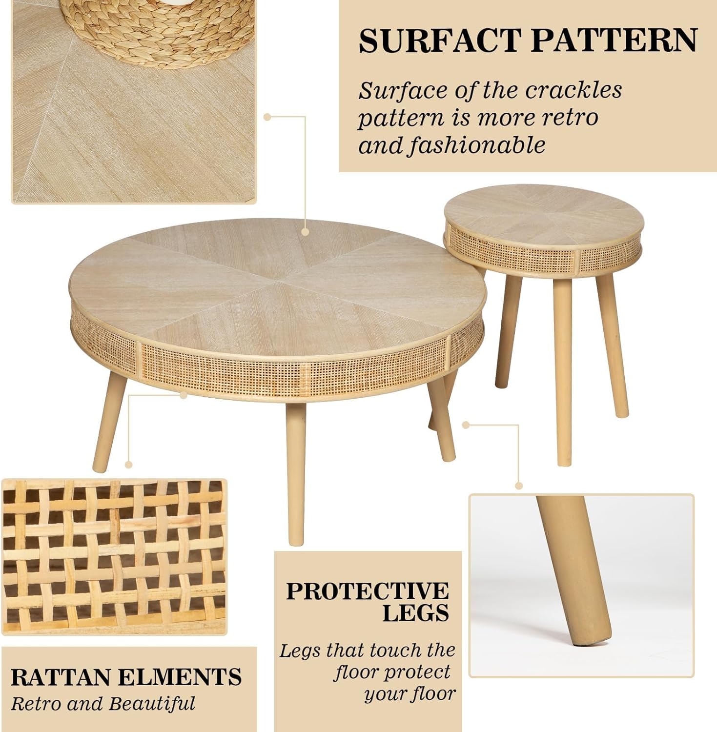 Wnutrees Farmhouse Round Coffee Table, Rustic Sofa Side Tea Tables Nesting Center Table Set with Handmade Rattan for Living Room, French Country Decor, Natural, 2Pack