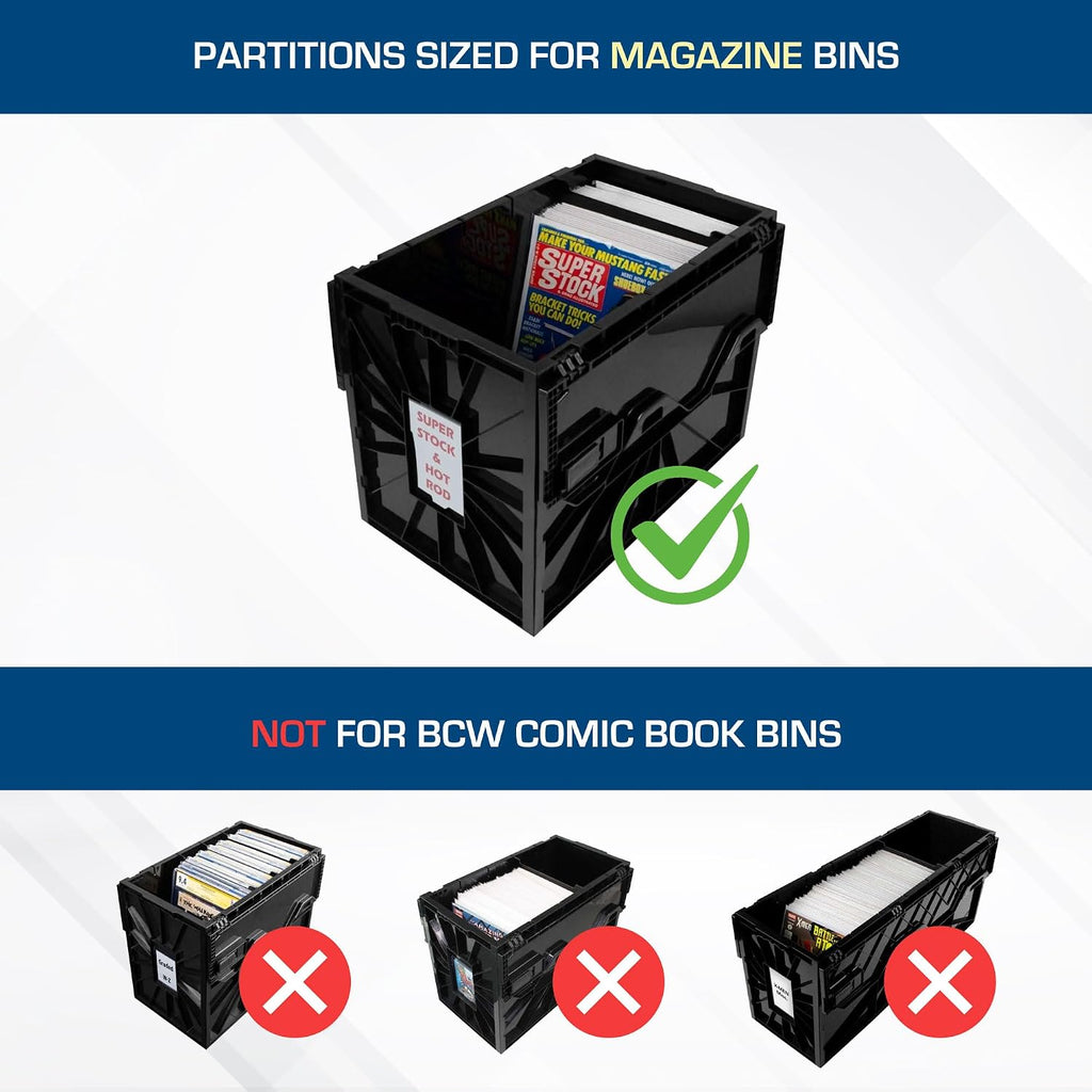 BCW Magazine & Document Bin Partitions - 6 Pack | Smooth Black Plastic Finish, Works With Adhesive Labels | Magazine Dividers Fit Magazine & Document Bin | Magazine Storage Accessories