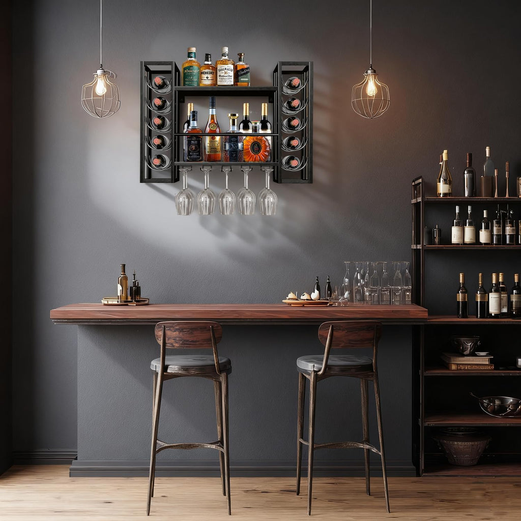 Wall Mount Wine Racks with Glass Holder, Metal Bottle Holder Glass Rack Wall Mount, 2-Tiers Multipurpose Metal Shelf for Home Bar, Kitchen, Dining Room (Black)