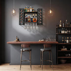 Wall Mount Wine Racks with Glass Holder, Metal Bottle Holder Glass Rack Wall Mount, 2-Tiers Multipurpose Metal Shelf for Home Bar, Kitchen, Dining Room (Black)