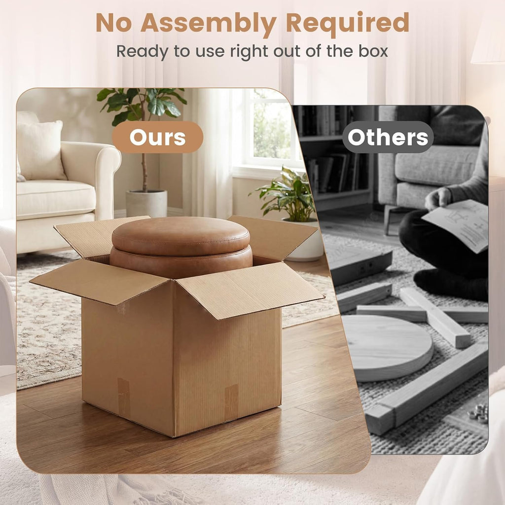Giantex Round Ottoman with Storage, 360° Swivel Faux Leather Vanity Stool with Removable Lid & Acacia Wood Frame, Ottoman Foot Rest for Living Room, Bedroom, Makeup Room