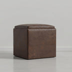 SIMPLIHOME Rockwood Cube Storage Ottoman with Tray - 17 inch Wide Upholstered Vegan Leather Square Storage Ottoman in Aged Brown, Contemporary Cube Ottoman for Living Room with Serving Tray