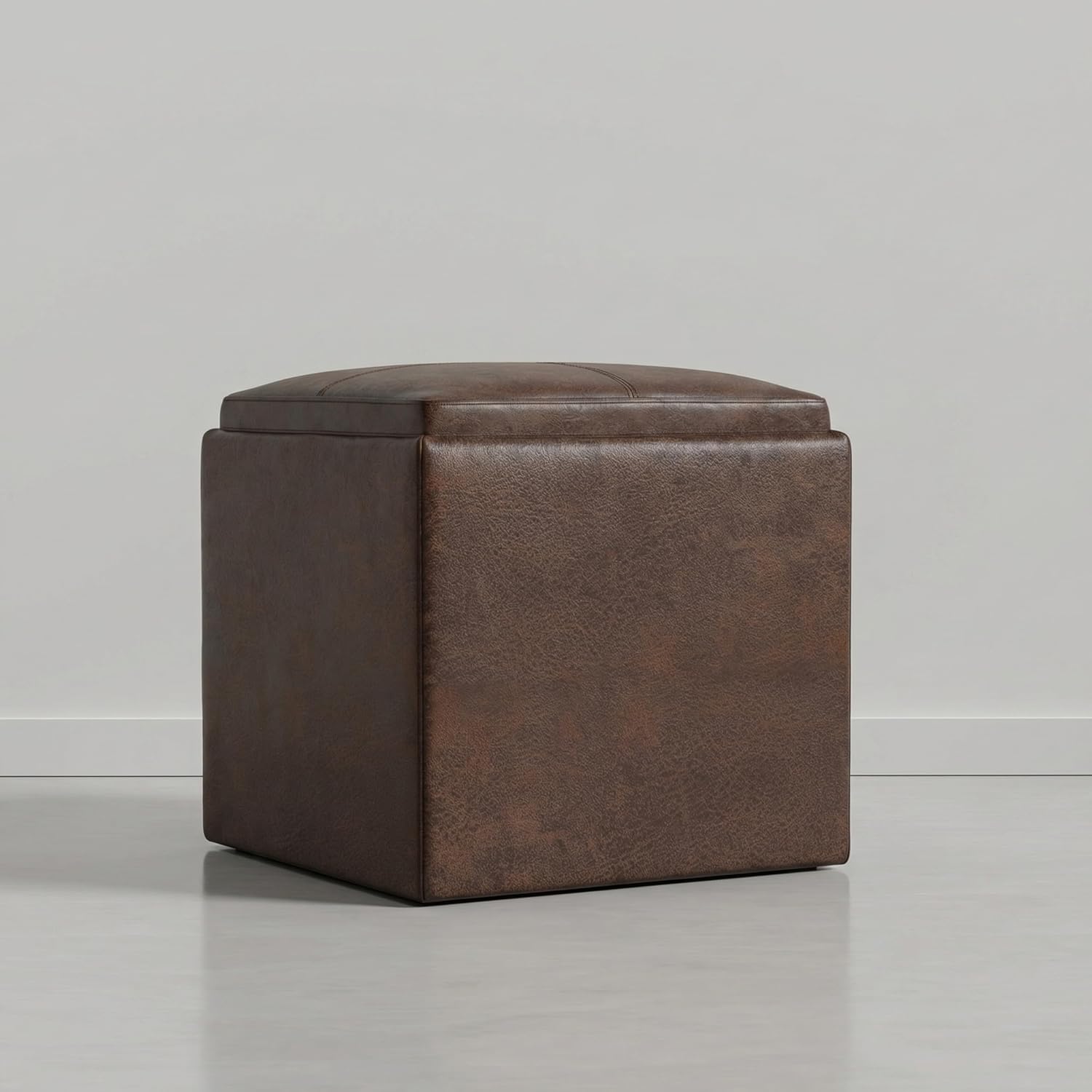 SIMPLIHOME Rockwood Cube Storage Ottoman with Tray - 17 inch Wide Upholstered Vegan Leather Square Storage Ottoman in Aged Brown, Contemporary Cube Ottoman for Living Room with Serving Tray