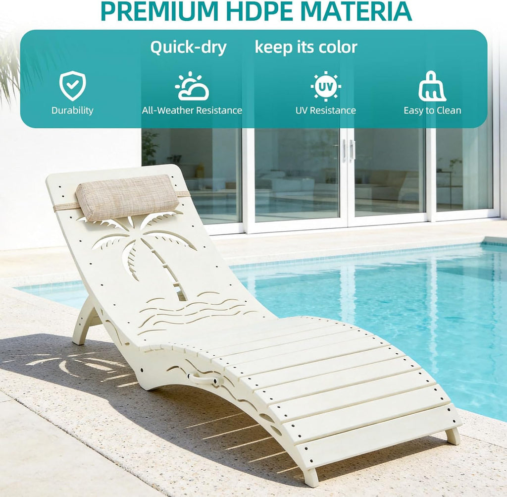 Folding in Pool Lounge Chair Set of 2, HDPE Fade Resistant Patio Chaise Sun Tanning Lounge Chairs, Ledge Lounger for Easy Carry, Palm Pattern for Beach Backyard Poolside Deck Wading Area White
