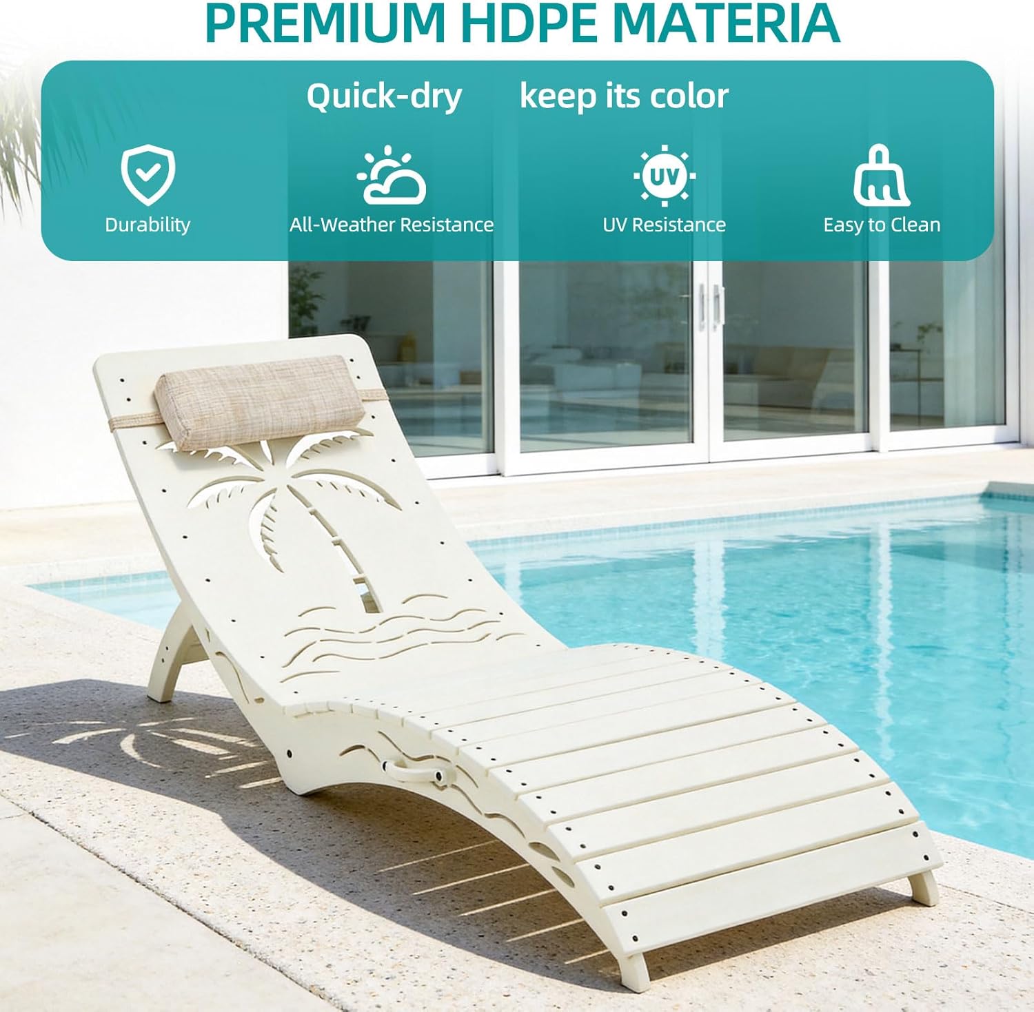 Folding in Pool Lounge Chair Set of 2, HDPE Fade Resistant Patio Chaise Sun Tanning Lounge Chairs, Ledge Lounger for Easy Carry, Palm Pattern for Beach Backyard Poolside Deck Wading Area White