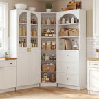 Cyclysio 80" Tall Pantry System with Tempered Glass Doors, Arched Corner Pantries with 3 Drawers, Wooden Cupboard with 6-Tier Open Shelves for Living Room