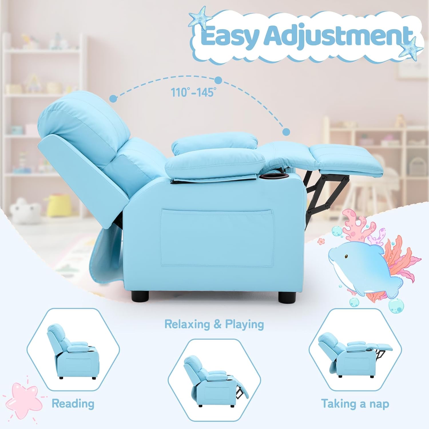 Korser Kids Recliner Chair, PU Leather Toddler Recliner with Cup Holder, Kid Recliner Sofa with Footrest, Push Back Child Reclining Chair with Side Pockets for Children Boys Girls Room, Blue
