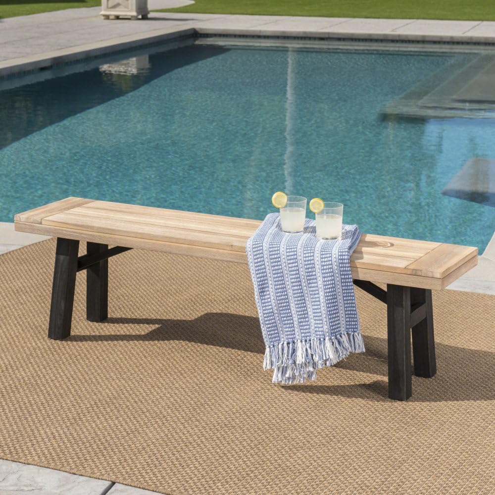 Outdoor Bench with Slat Panel Design and Acacia Wood Frame, Natural and Grey