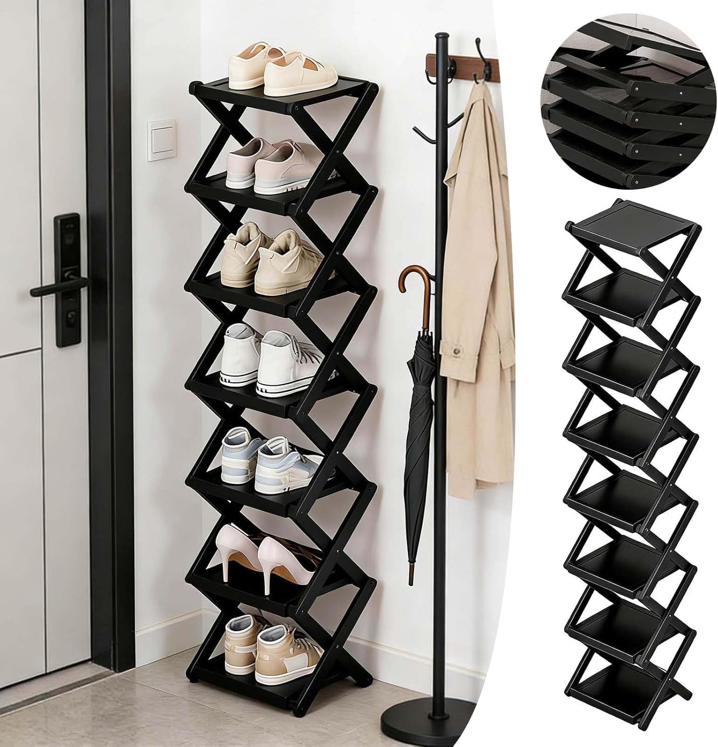 Foldable Bamboo Rack for Shoes, Tall Narrow Vertical Shoe Organizer, Space-Saving Multifunctional Shelf with Strong Load-Bearing for Entryway Corner Bedroom (Brown) Black_5 Layers 2-8 Layers