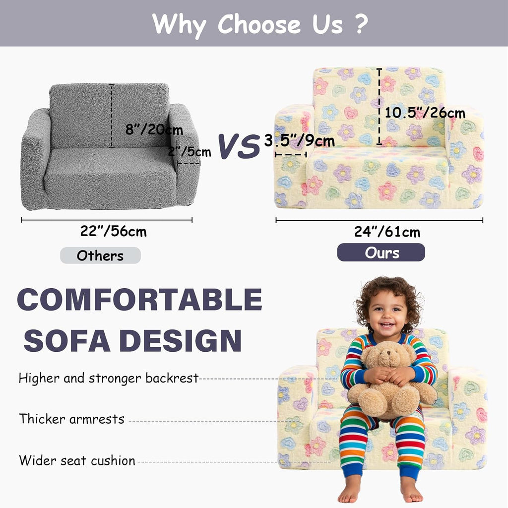 Tiita 2-in-1 Kids Sofa, Convertible Children Couch to Lounger, Flip Out Kids Chair, Toddler Armrest Chair Bed, Folding Kid Play Sofa for Girl or Boy, Flower
